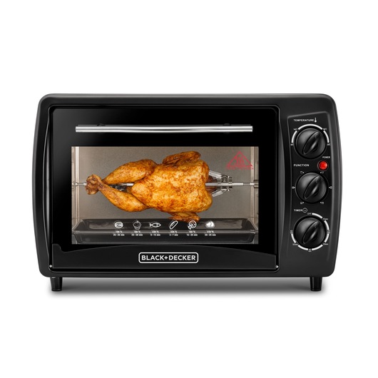 Photo of BLACK+DECKER TRO19RDG black countertop oven with rotisserie chicken inside, front angle on white background.