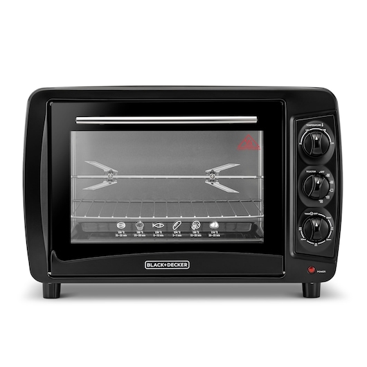 A BLACK+DECKER countertop oven with a transparent front door, three control knobs on the side, a grill rack, and a rotisserie spit inside.