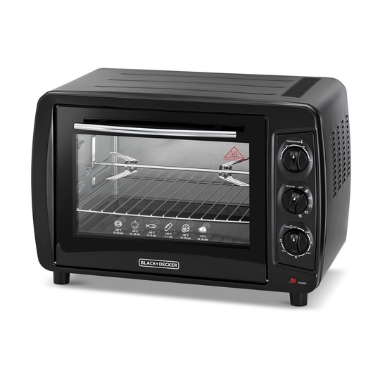 A BLACK+DECKER countertop electric oven with a glass door, three control knobs on the right side, and an interior rack. The oven is black with cooking instructions printed or illustrated on the lower part of the glass door.