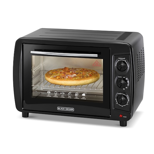 A black BLACK+DECKER countertop oven with a cooked pizza inside. The oven has three control knobs on the right side and a glass door with cooking icons.