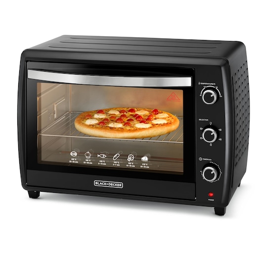 BLACKDECKER TRO70RDG countertop oven, black, front angle, baking pizza inside, three control knobs.