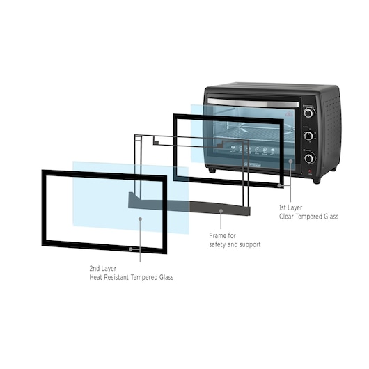 Diagram showing a BLACK+DECKER countertop oven with a detailed breakdown of its door structure. The image highlights two layers of tempered glass: the first layer labeled as 'Clear Tempered Glass' and the second layer labeled as 'Heat Resistant Tempered Glass.' It also points to a frame for safety and support.