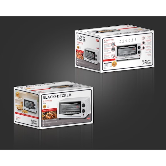 Two packaged BLACK+DECKER 9L toaster ovens, model TRO9DG, are displayed against a dark background. The boxes show images of the toaster oven, product features, and cooked food.
