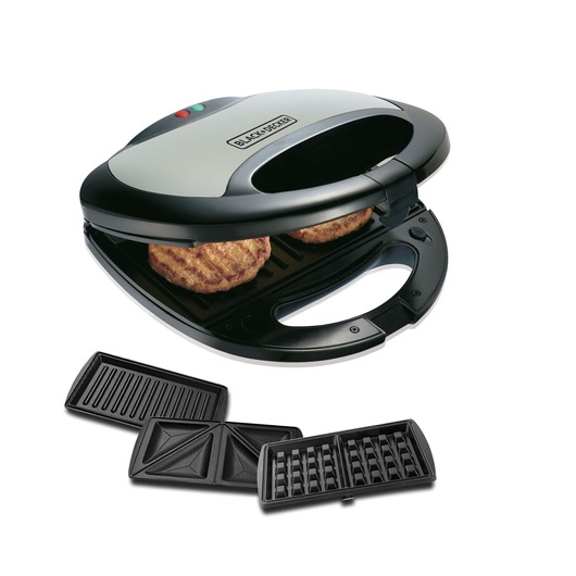 A BLACK+DECKER multi-function sandwich maker with removable plates for grilling, sandwiches, and waffles. The device is shown grilling patties and three types of plates are displayed in front.