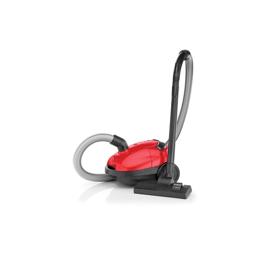 A red and black canister vacuum cleaner with a flexible hose and a floor attachment shown against a white background.