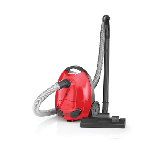 A red and black canister vacuum cleaner with a flexible hose and floor attachment, positioned on a white background.