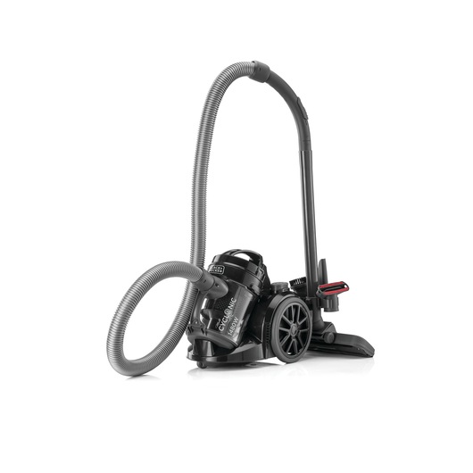 BLACK+DECKER VM1480 cyclonic vacuum cleaner with large wheels, a hose, and a floor cleaning nozzle, shown on a white background.