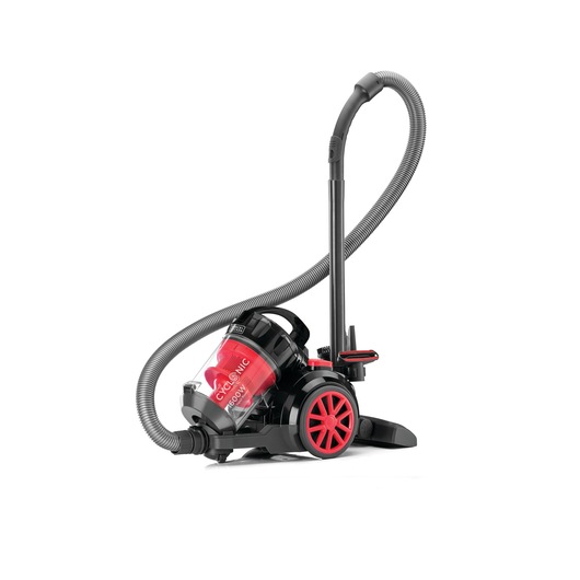 A BLACK+DECKER VM1680 canister vacuum cleaner with a red and black design, featuring a transparent dust container and a flexible hose.