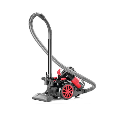 A modern canister vacuum cleaner with a black and red design, featuring large rear wheels and a flexible hose, positioned on a white background.