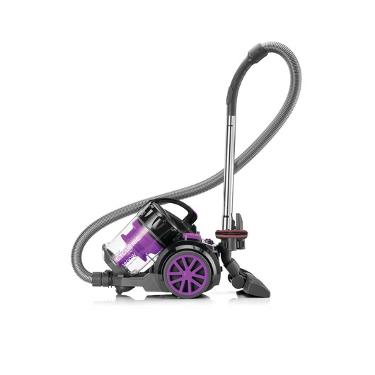 A canister vacuum cleaner with purple and black accents and a transparent dust container. It features a flexible hose, chrome wand, and floor cleaning attachment.