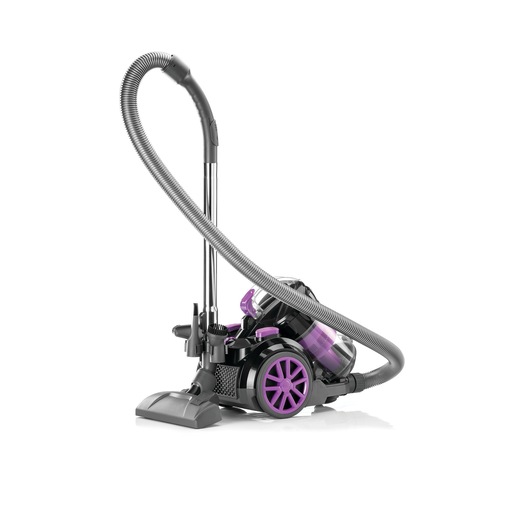 A canister vacuum cleaner with a black and purple design, featuring a flexible hose, metal tube, and a floor cleaning head.