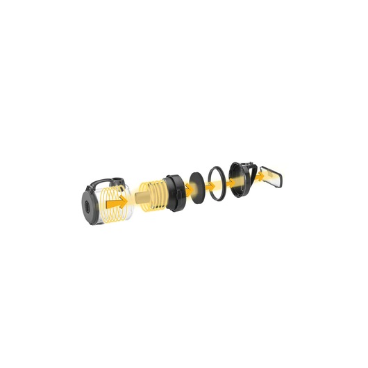 Exploded view of a BLACK+DECKER vacuum filter assembly showing several interconnected parts, including a cylindrical filter, housing components, and arrows indicating airflow direction.