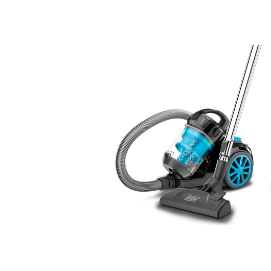 A BLACK+DECKER canister vacuum cleaner with a transparent blue dust container and hose, featuring large blue wheels and a floor brush attachment.