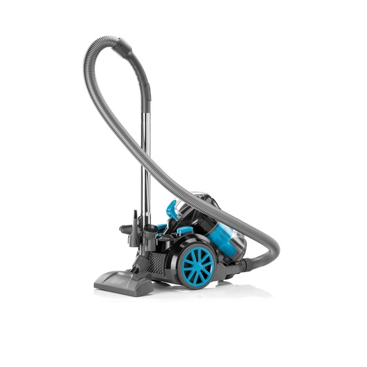 A canister vacuum cleaner with a long flexible hose, large blue wheels, and a transparent dust container. The vacuum is positioned on a white background.