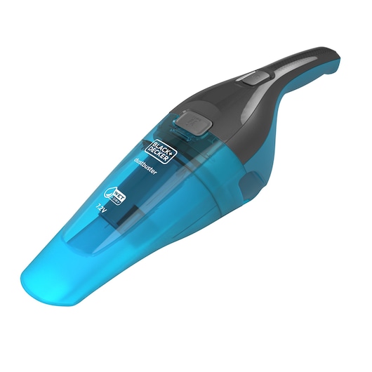 A BLACK+DECKER handheld vacuum cleaner, model WDC215WA, featuring a blue and black design with a transparent dust container and labeled as suitable for wet and dry cleaning.