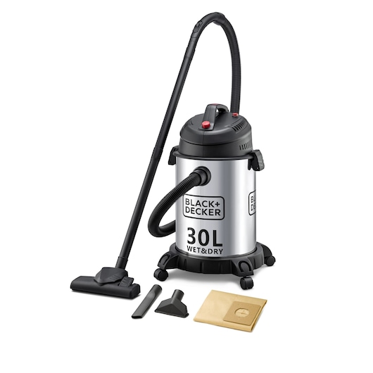 A BLACK+DECKER 30L wet and dry vacuum cleaner with a silver cylindrical body, black top and wheels, and several accessories including a floor nozzle, two smaller nozzles, and a dust bag, all set against a white background.