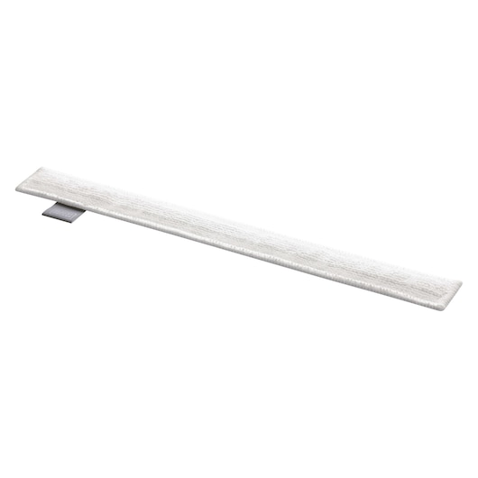 A rectangular white microfiber cleaning pad with a small gray tag, shown on a white background.