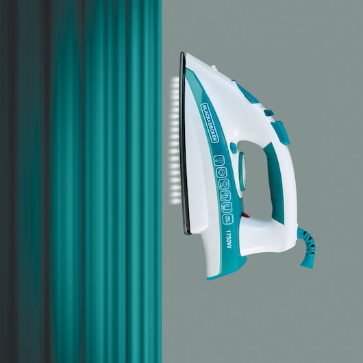 A BLACK+DECKER electric steam iron, shown upright against a teal and grey background with visible steam coming from the soleplate.