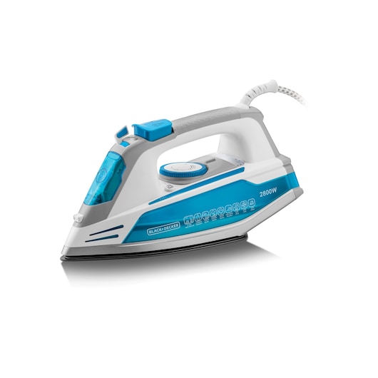 A BLUE and white electric steam iron from BLACK+DECKER, model X2800, with a water reservoir and various control buttons, resting on a white background.