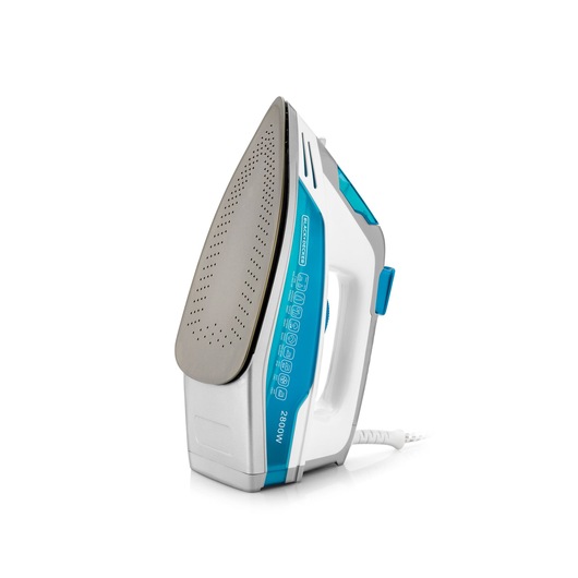 A BLACK+DECKER 2800W steam iron with a white and blue body, shown standing upright with its soleplate visible.