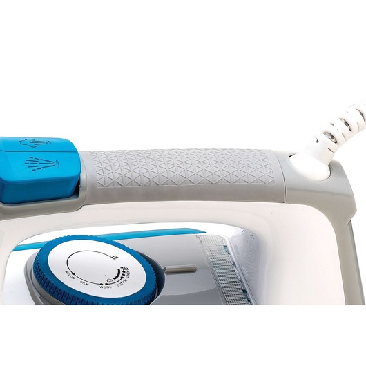BLACKDECKER X2800 steam iron close-up, showing textured gray handle and blue controls on white background.