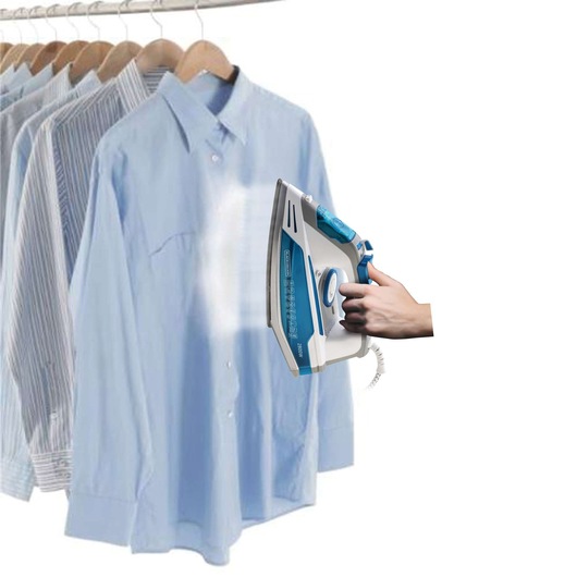 BLACKDECKER X2800 steam iron held toward a blue shirt on a rack, front angle.