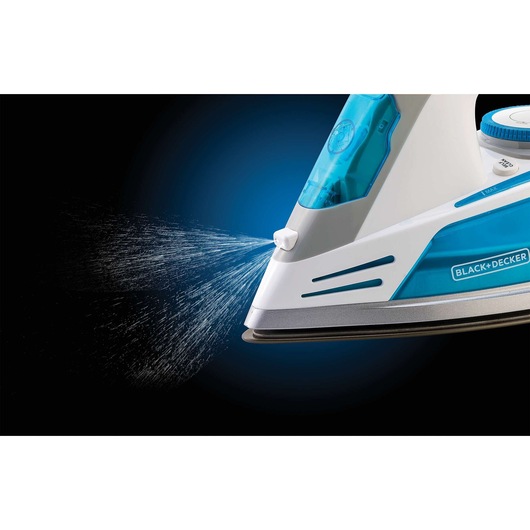 BLACK+DECKER X2800 steam iron spraying water, side angle, blue and white body.