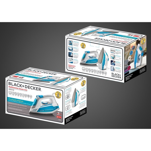Two boxes of BLACK+DECKER Multifunction Steam Iron, model X2800, are displayed. The packaging features product images, icons representing functions, and highlights such as 2800W power and an anodized soleplate for smooth gliding and effective wrinkle removal. The boxes are white with blue and grey accents, showing various views and benefits of the steam iron.