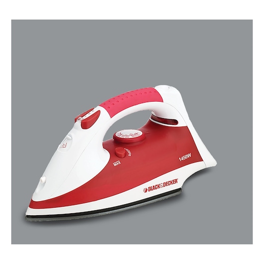 A red and white BLACK+DECKER electric steam iron with a power rating of 1450W, shown against a plain grey background.